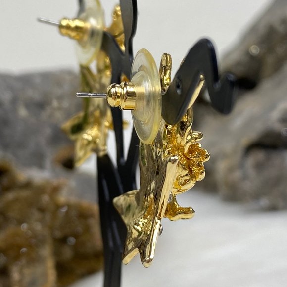 Vintage Gold Tone Angel on Star Pierced Earrings Rhinestones - Picture 5 of 8